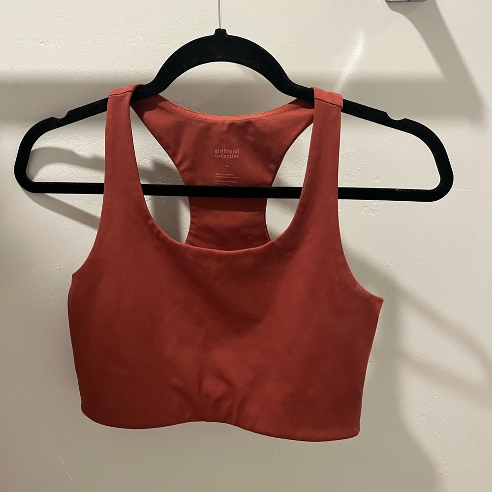 Rust colored sports bra from girlfriend collective